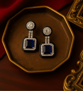 Enamel CZ Earrings with Blue Stone