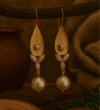 Gold Plated Leaf Earrings with Pearls
